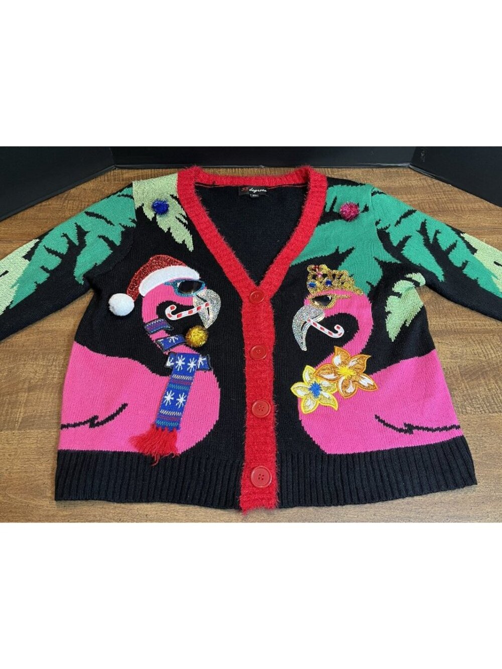 33 Degrees Cardigan Flamingos XL Ugly Christmas Sweater Palm Trees Sequins